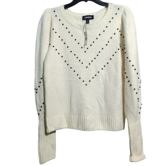 Express Sweaters - Express Beaded V-Neck Puff Sleeve Sweater XS Cream NWT